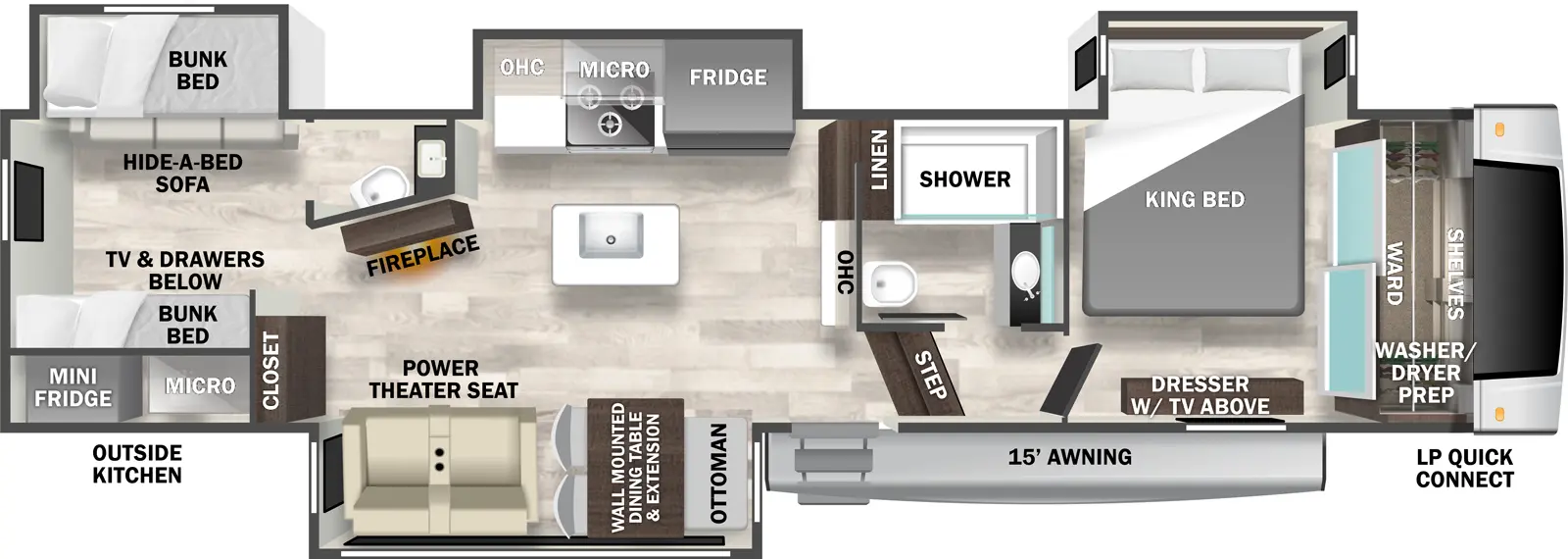 The Cedar Creek Experience 33BH has one entry and four slide outs. Exterior features include: fiberglass exterior, 15' awning and outside kitchen. Interiors features include: bunk beds, kitchen island and front bedroom.